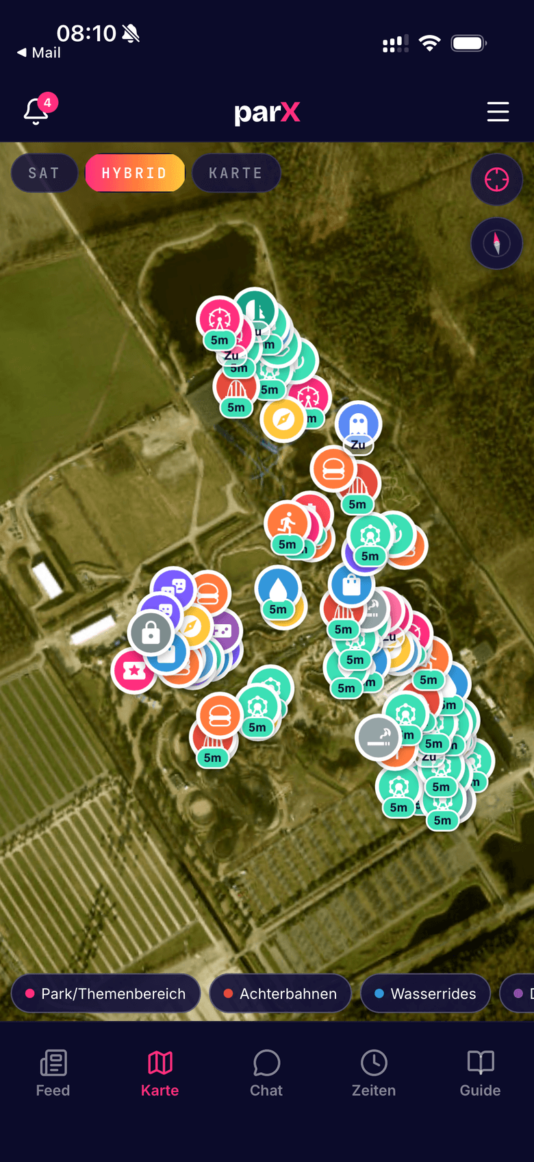 Satellitenkarte eines Parks mit Orts-Markern in der parX-App