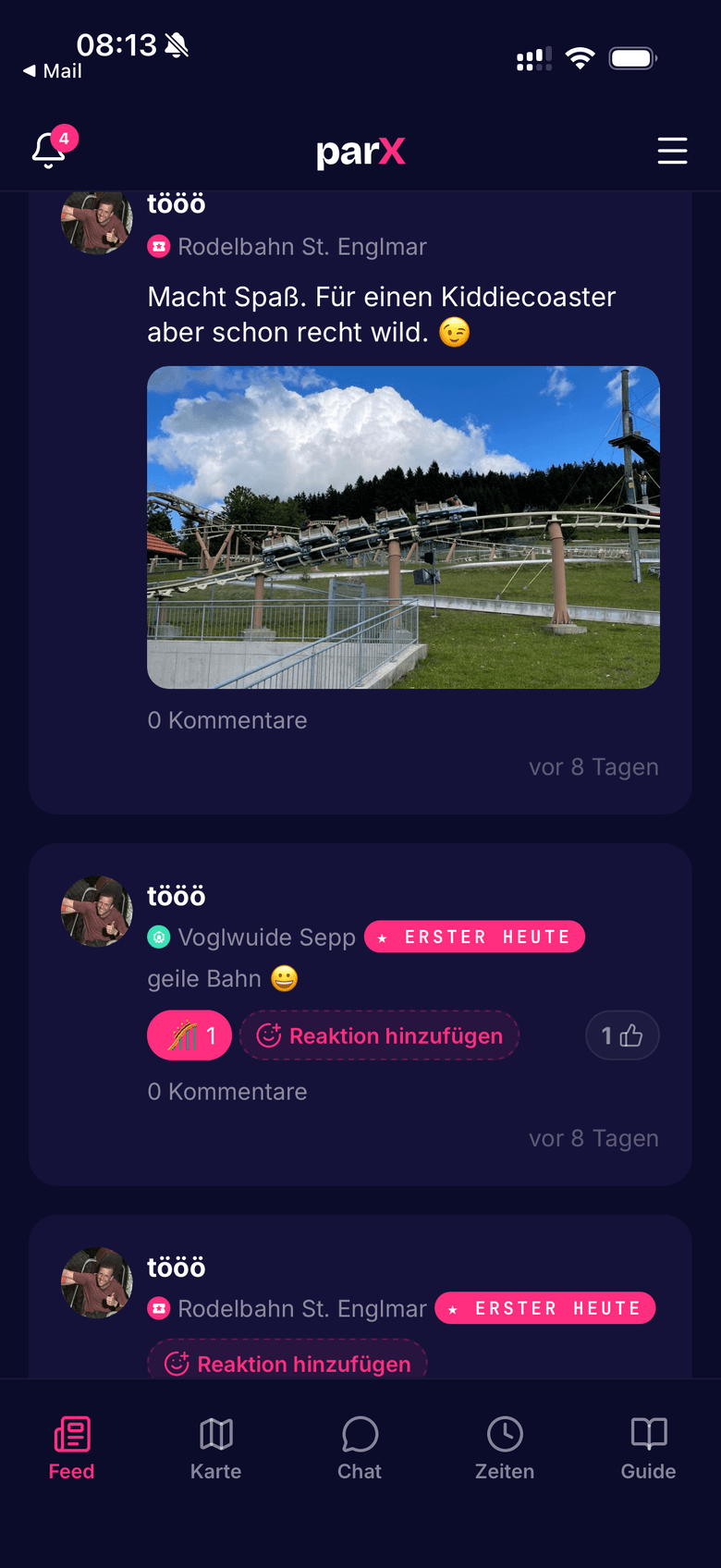 Feed mit Check-ins von Freunden in der parX-App