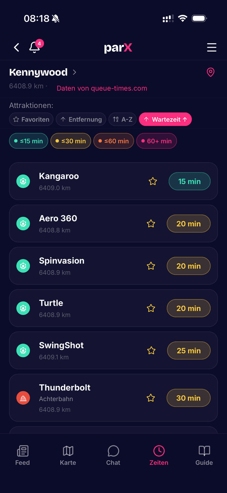 Wartezeiten-Liste eines Parks in der parX-App