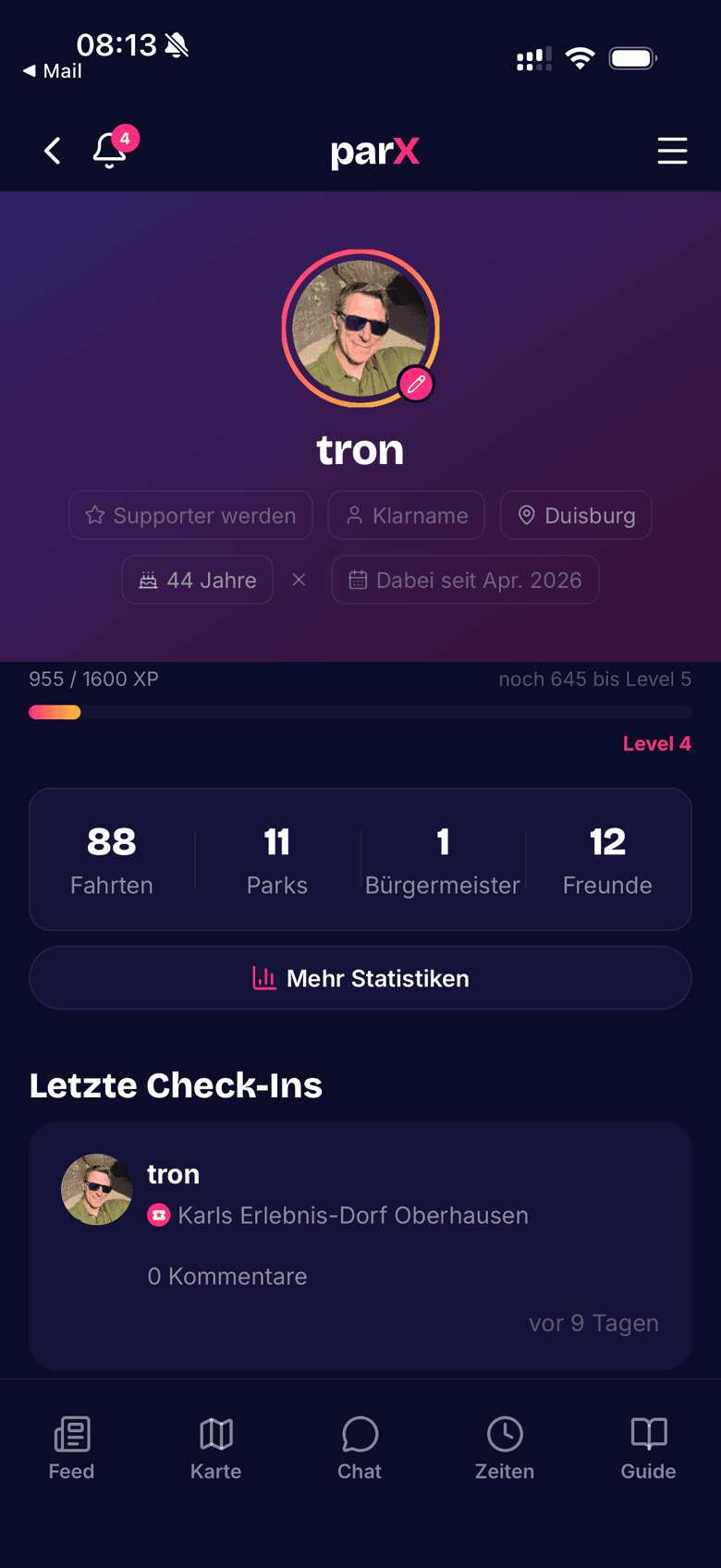 Profil mit Fahrten, Parks und Bürgermeister-Zähler in der parX-App